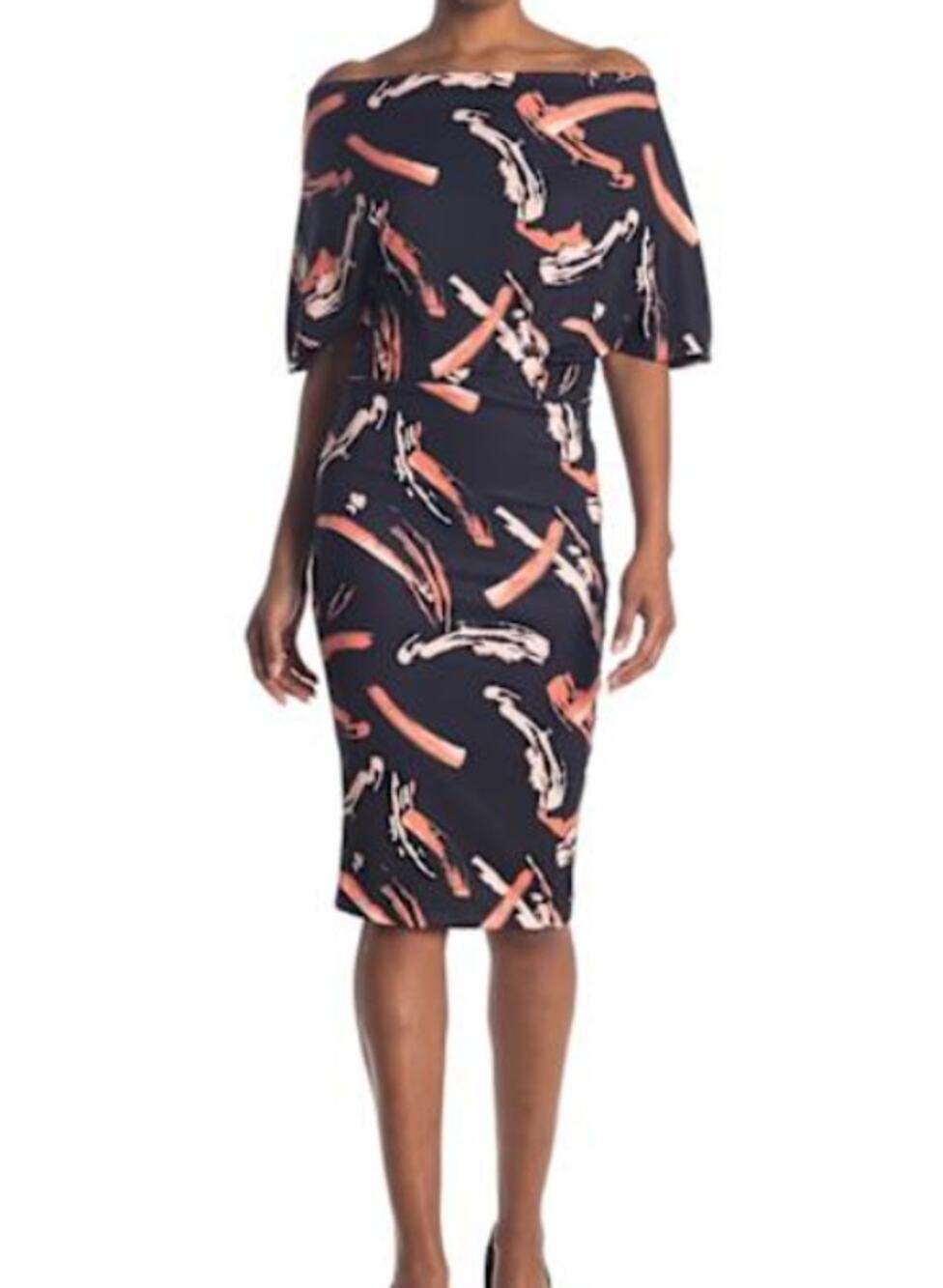 Alexia Admor Knee Length Dess Black Brush Painted Size Large off shoulder NEW